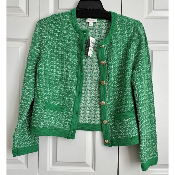 JACKET CARDIGAN WOMEN'S SIZE MEDIUM SHINE CARDI GREEN/WHITE METALLIC TEXTURED - Picture 2 of 6